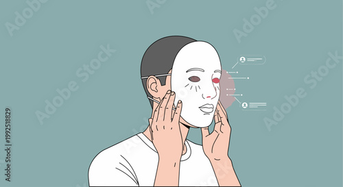 Illustration of a person applying a facial mask with labeled features on a teal background.