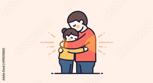 Illustration of a woman hugging a child with a warm and comforting embrace on a light background.