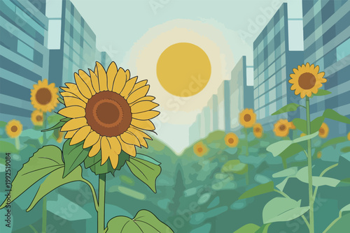 Sunflowers grow in a city setting with tall buildings and a bright sun in the sky during the day