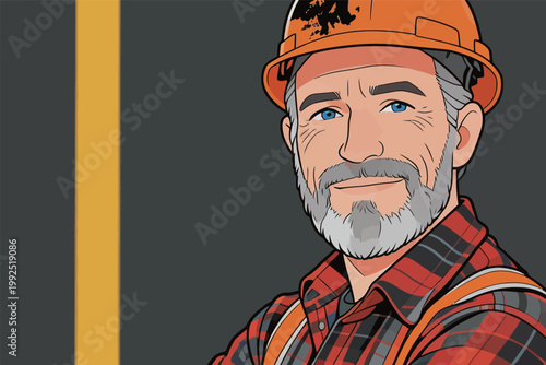 Worker stands with arms crossed in safety gear at construction site, smiling during daytime work hours in an urban area
