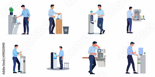 Set of flat vector illustrations depicting a man refilling a reusable water bottle at different modern office water dispensers and hydration stations.