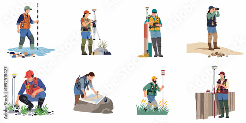 Flat vector illustrations of professional environmental scientists and land surveyors conducting field work using specialized equipment in diverse outdoor settings.