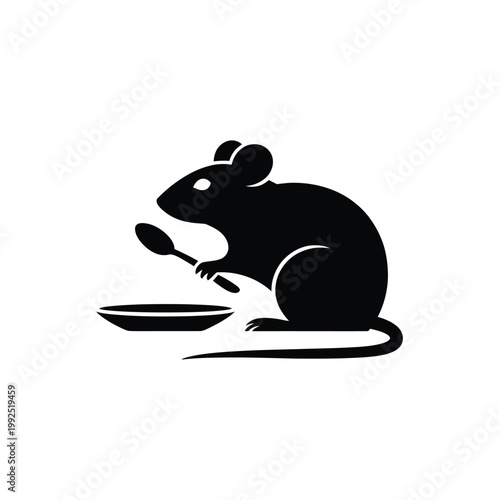 A black silhouette of a mouse holding a spoon and plate