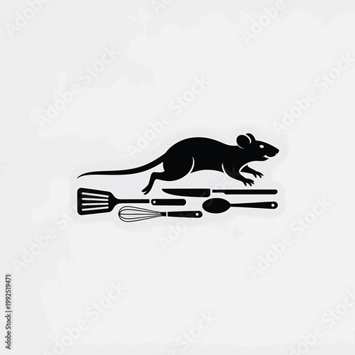 A running mouse silhouette above kitchen utensils on a plain background