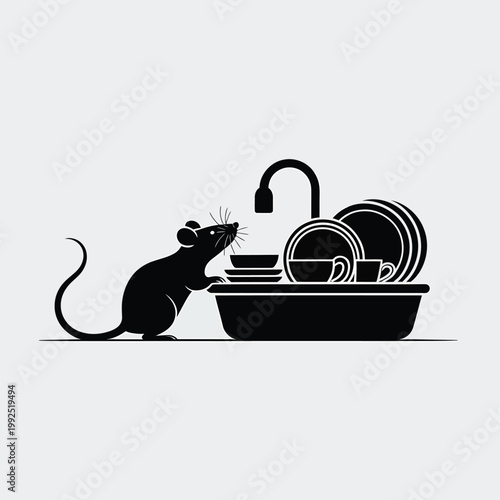 A black silhouette of a mouse reaching towards a stack of dishes