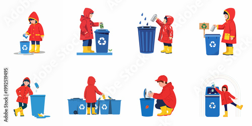 Set of illustrations featuring children in red raincoats recycling aluminum cans into blue bins to promote environmental awareness and sustainable habits.