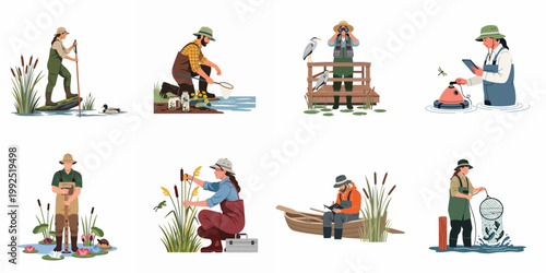 Collection of Flat Illustrations Depicting Ecologists and Biologists Conducting Research and Monitoring Wildlife in Wetland and Marsh Environments.
