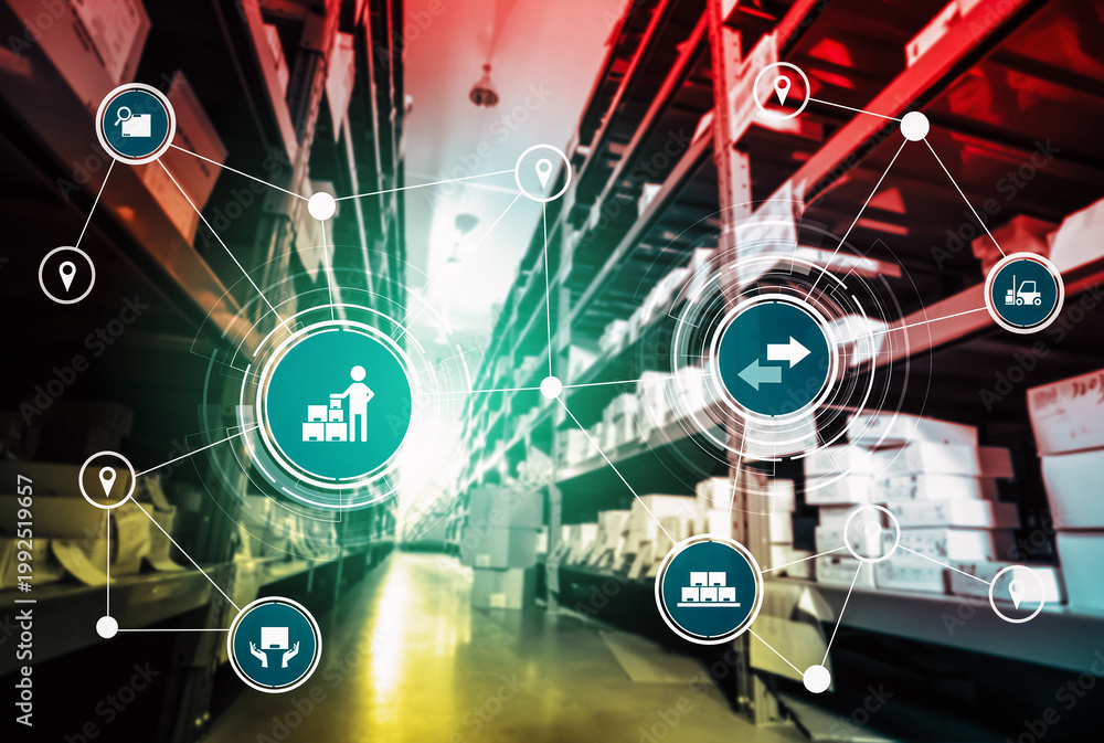 Fototapeta premium Smart warehouse management system with innovative internet of things technology to identify package picking and delivery . Future concept of supply chain and logistic network business .