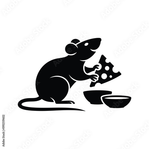 A black silhouette of a mouse holding a piece of swiss cheese