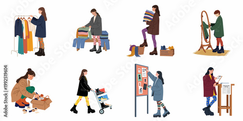 Illustration set of women participating in a community clothing swap event, focusing on sustainable fashion, sorting, donating, and second-hand shopping.