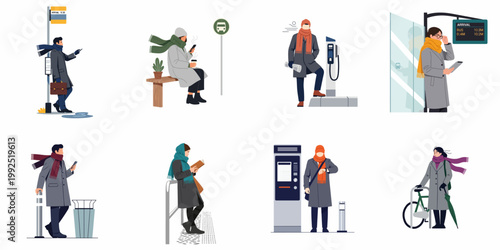 Diverse commuters in winter clothing waiting at various urban public transportation stops, including bus stations, train platforms, and electric vehicle charging points.