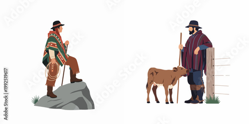 Traditional South American gauchos illustration featuring men in ponchos with a lasso and a calf, isolated on a white background.