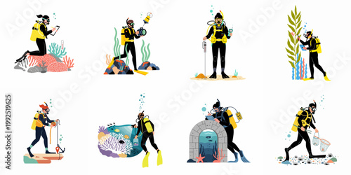 Set of professional scuba divers performing underwater scientific research, marine biology studies, and environmental monitoring in diverse ocean ecosystems, vector illustration.