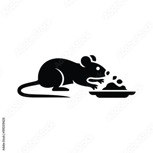 A black silhouette of a mouse eating food from a small plate
