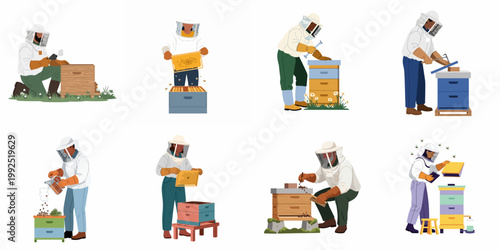 Collection of professional beekeepers in protective gear working with wooden beehives, using smokers and inspecting honeycomb frames, flat vector illustration set.
