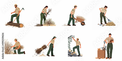 Illustration set of park rangers performing various maintenance tasks like pruning, raking, and clearing debris in a national park setting.
