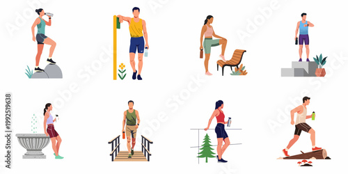 Collection of flat vector illustrations featuring diverse men and women in sportswear exercising outdoors, jogging, hiking, and staying hydrated with water bottles.