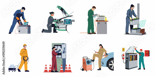 Set of diverse professional mechanics and technicians performing various automotive repairs, battery maintenance, and electrical inspections in an industrial workshop environment.