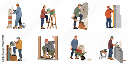 Set of flat illustrations depicting professional construction workers and masons performing various building tasks like bricklaying, plastering, and leveling walls.