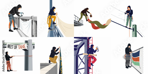 Set of illustrations showing urban activists using climbing gear to hang banners, flags, and signs on bridges, fences, and industrial structures.