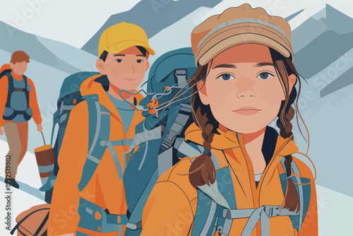 Group of hikers trekking in the mountains during the day time with backpacks