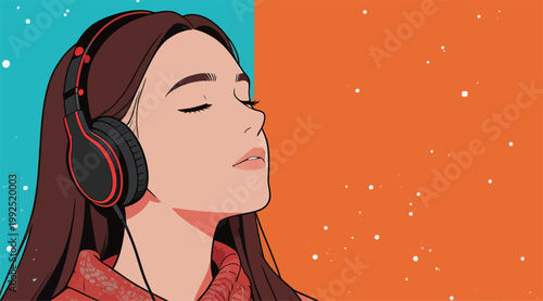Woman enjoying music while wearing headphones in a colorful setting with a bright background