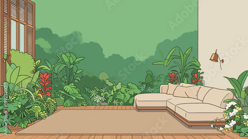 Cozy seating area surrounded by lush green plants in a bright space with natural light during daytime