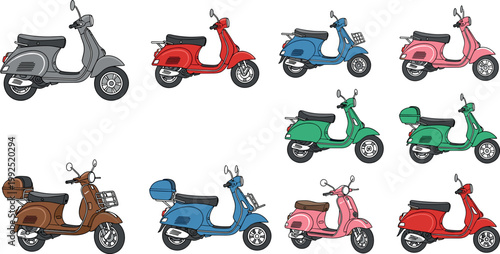 Collection of retro scooters in various colors isolated on white background, vintage motorbike transport set vector illustration