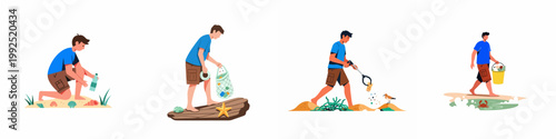Flat vector illustration set showing a man cleaning up plastic waste and trash from a beach to protect the marine environment and wildlife.