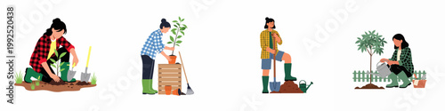 Flat illustration set of women engaged in various gardening activities including planting, potting, and watering small trees outdoors.