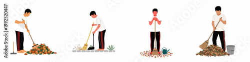 Flat vector illustration set of a man cleaning and raking autumn leaves in a garden, performing various seasonal yard work chores on white background.