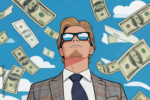 Businessman stands confidently with money flying around in a bright sky during a sunny day in a city environment