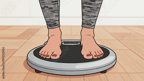 Woman standing on a weighing scale at home while barefoot during daytime