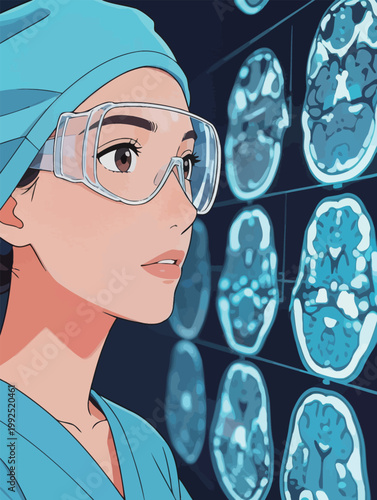 Surgeon examines brain scans in a medical facility during a surgical consultation