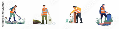 Volunteers cleaning up plastic waste and litter from water bodies to protect the environment and maintain healthy ecosystems in flat vector illustration style.