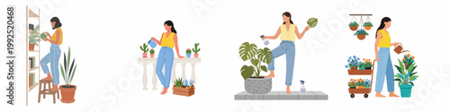 Set of illustrations showing a young woman caring for her indoor plants and home garden, watering, spraying, and tending to various potted greenery.