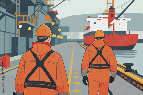 Two workers walk on a dock while a cargo ship is loaded at a busy port in day time near the water