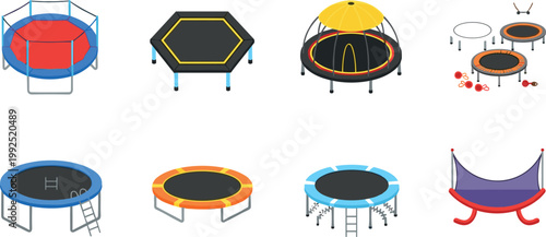Collection of trampolines in different shapes and designs with safety nets for outdoor play fitness and kids recreation vector set