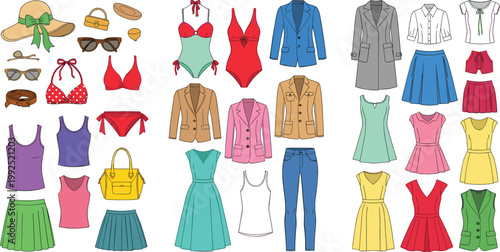 Women Fashion Apparel and Accessories Vector Illustration Set Featuring Dresses Swimwear Blazers Skirts and Summer Hats for Modern Clothing Design and Retail Collections