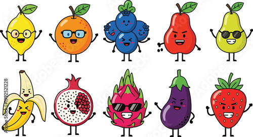 Funny Cartoon Fruit Character Vector Illustration Set Featuring Dragon Fruit Banana Pomegranate Strawberry and Lemon with Expressive Faces Wearing Sunglasses and Glasses