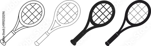 Collection of four tennis racket featuring two outline style and two solid black silhouette style isolated on a plain white background