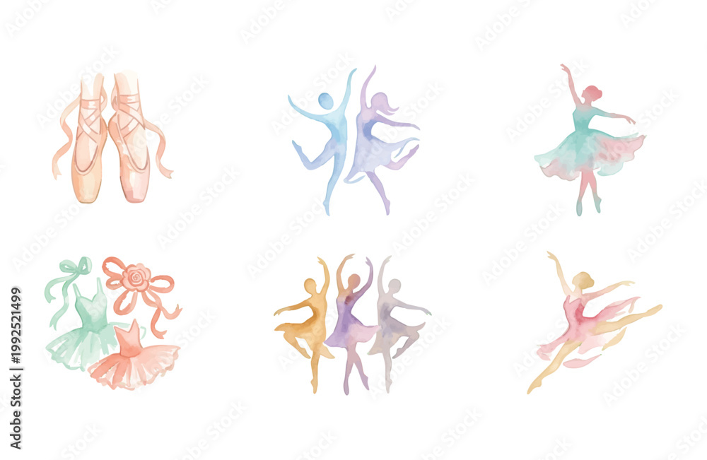 Obraz premium Watercolor Dance Day Icons Set with Ballet Shoes Tutu and Dancers