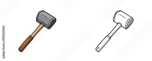 Meat mallet tenderizer in cartoon and line art style with grey and brown colors used for kitchen cooking and steak preparation