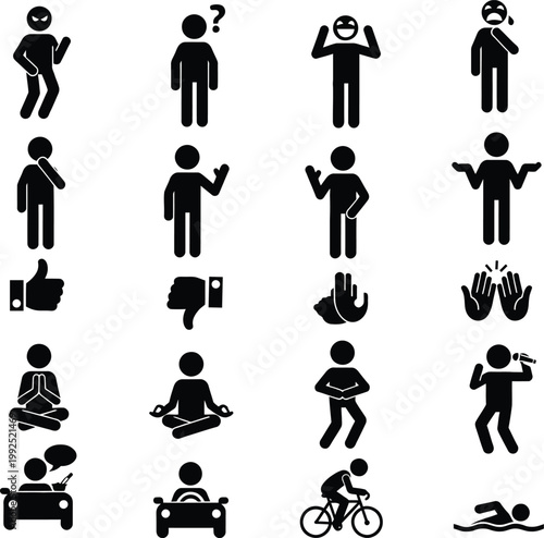 The image displays a collection of human figure icons demonstrating various actions, gestures, and emotional states. These include poses such as thinking, confusion, approval (thumbs up), disapproval 