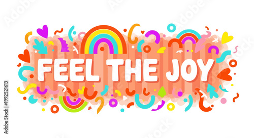 Vibrant illustration of people feeling joy with colorful abstract shapes and rainbow