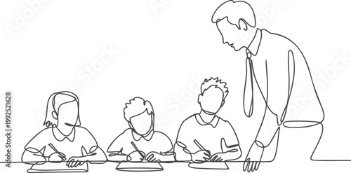 Continuous line of a teacher instructing three students in a classroom setting showing educational guidance and academic learning in a school environment