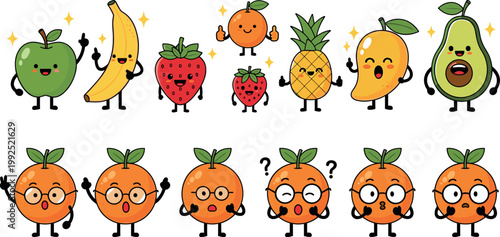 Cute fruit characters collection with different emotions including banana strawberry pineapple mango avocado and orange, cartoon food mascots vector illustration