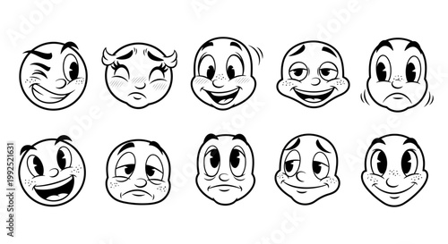 Various cartoon faces display multiple emotions in a single illustration.