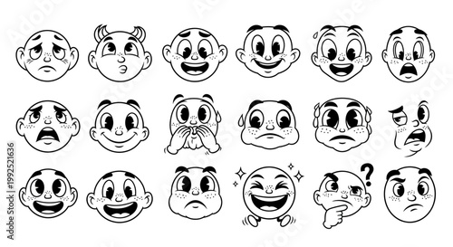 Various cartoon faces show different emotions and expressions on white