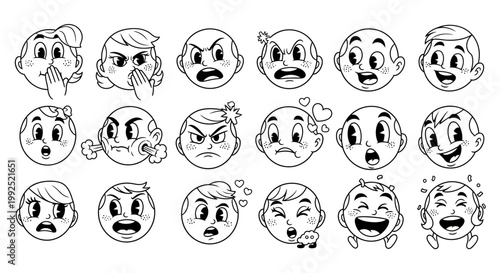 A collection of various cartoon faces expressing different emotions in black and white.